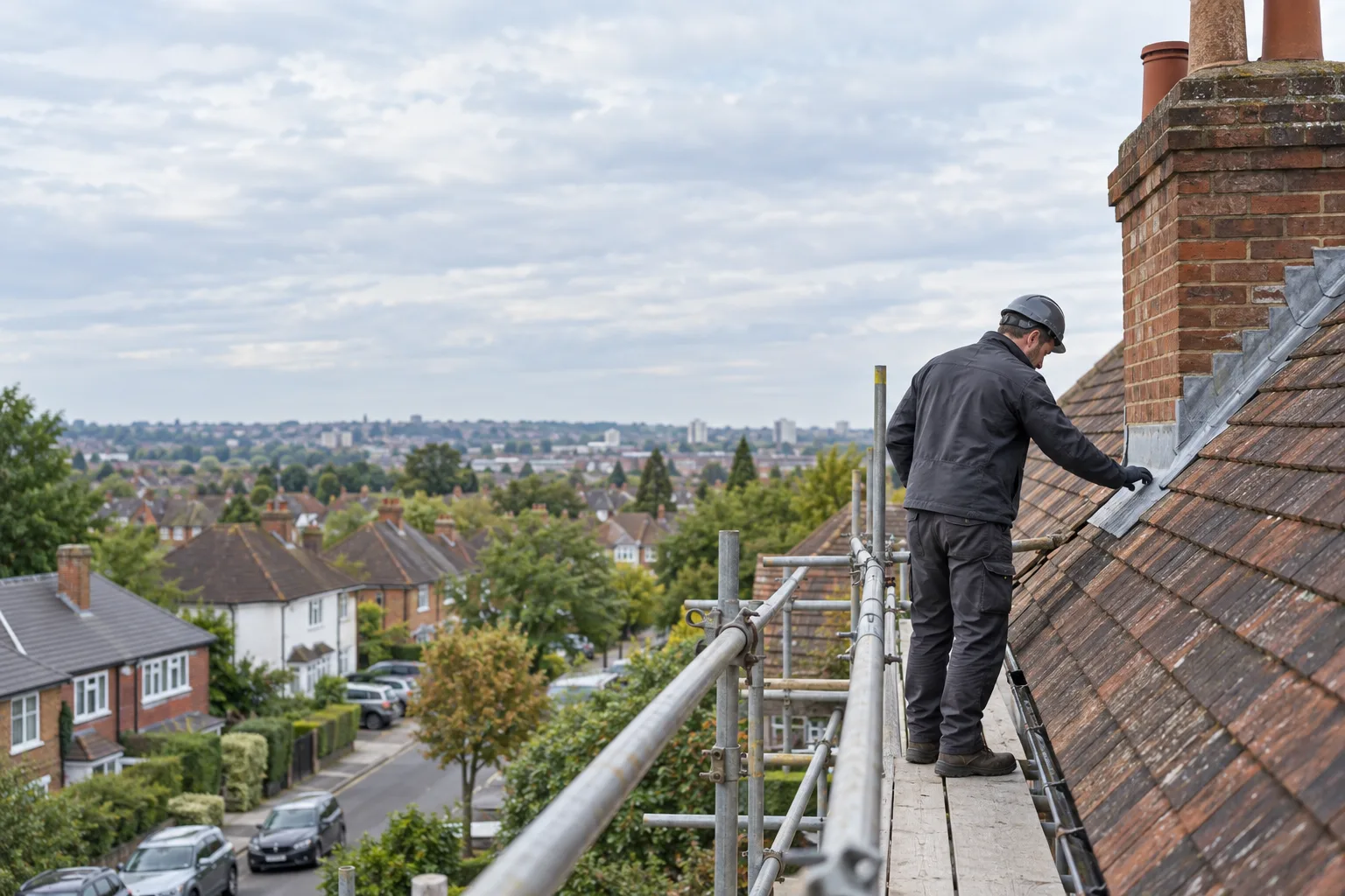 Roofing surveyor inspecting tiles and chimney flashing from secured scaffolding above a Reading residential street